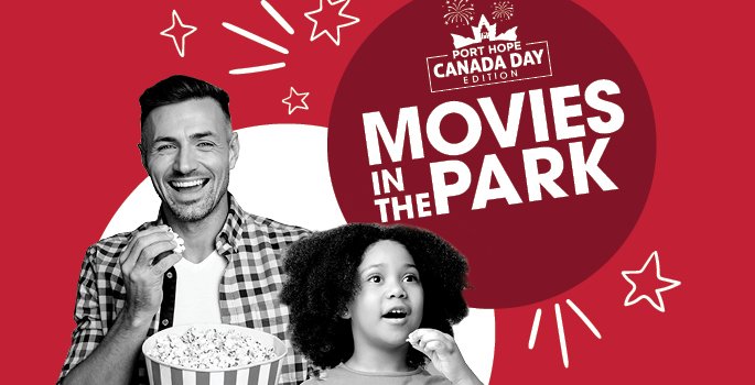 Man and girl eating popcorn with Movies in the park wordmark